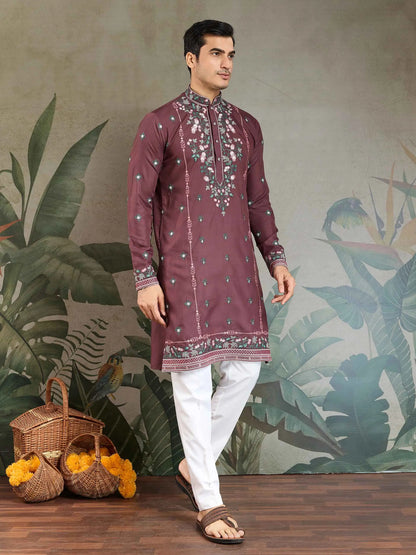 Pastel Chocolate Viscose Silk Thread & Sequins Embroidery Work Kurta With Pant