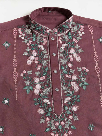 Pastel Chocolate Viscose Silk Thread & Sequins Embroidery Work Kurta With Pant