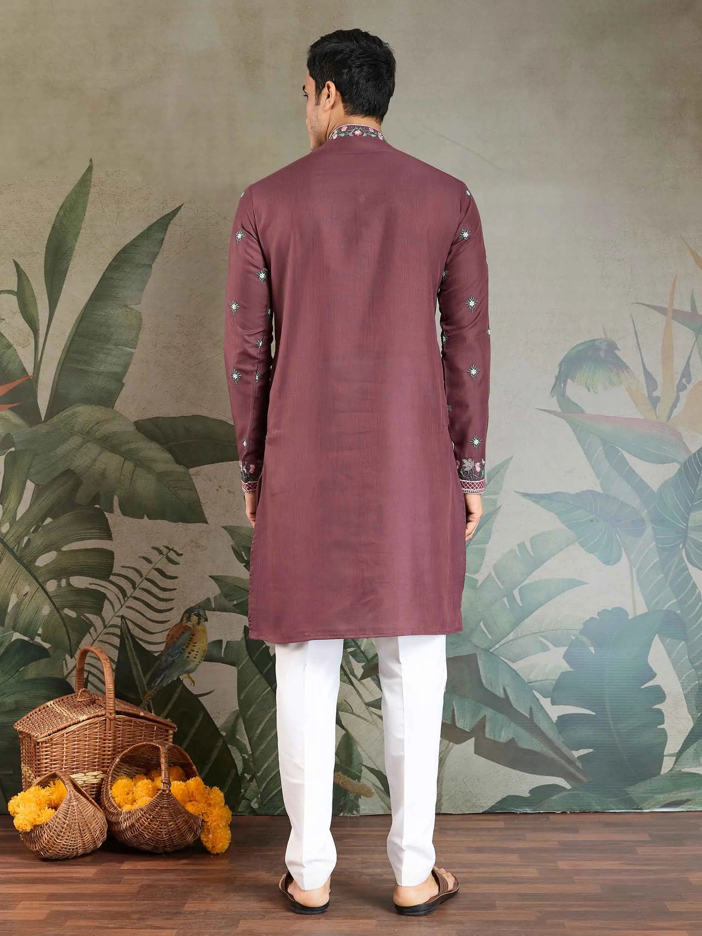 Pastel Chocolate Viscose Silk Thread & Sequins Embroidery Work Kurta With Pant