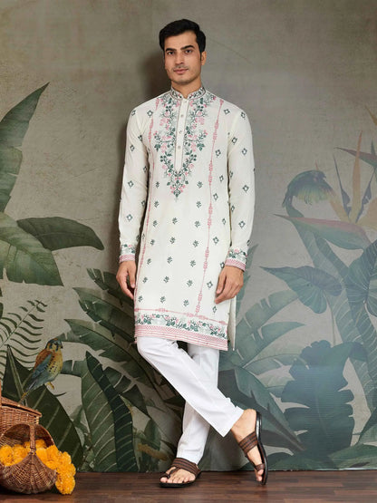 White Viscose Silk Thread And Sequins Embroidery Work Kurta With Pant