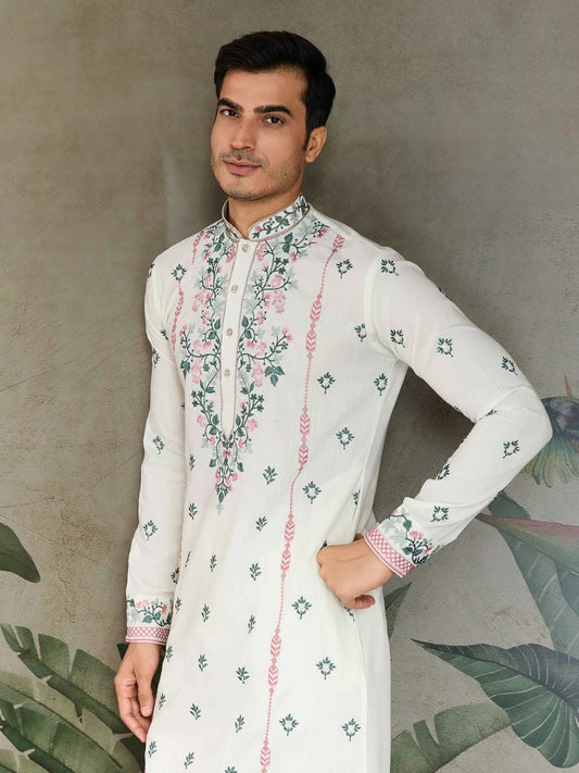 White Viscose Silk Thread And Sequins Embroidery Work Kurta With Pant