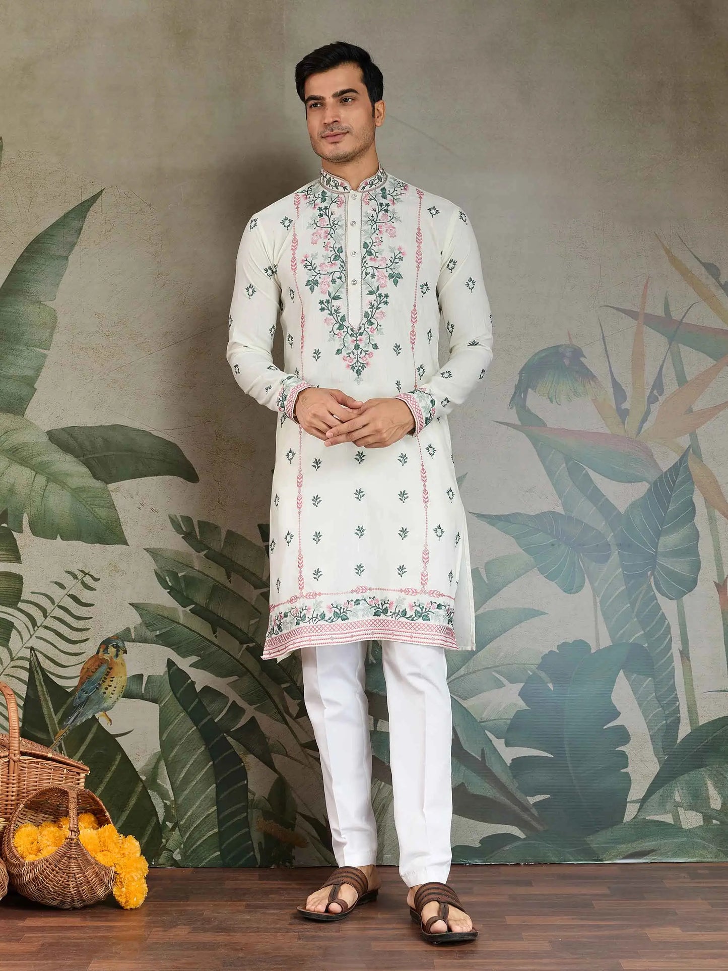 White Viscose Silk Thread And Sequins Embroidery Work Kurta With Pant