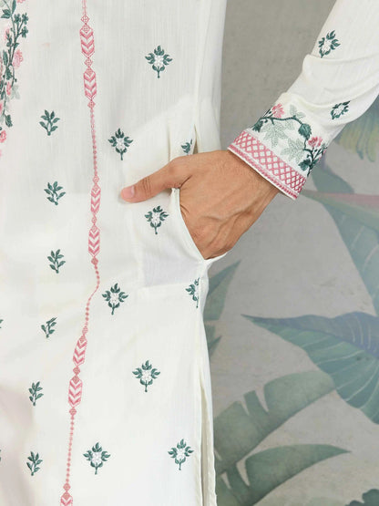 White Viscose Silk Thread And Sequins Embroidery Work Kurta With Pant