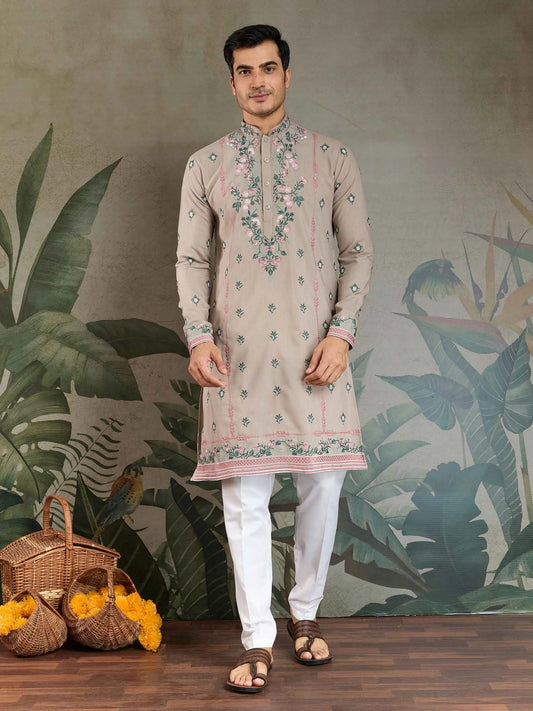 Ivory Viscose Silk Thread And Sequins Embroidery Work Kurta With Pant