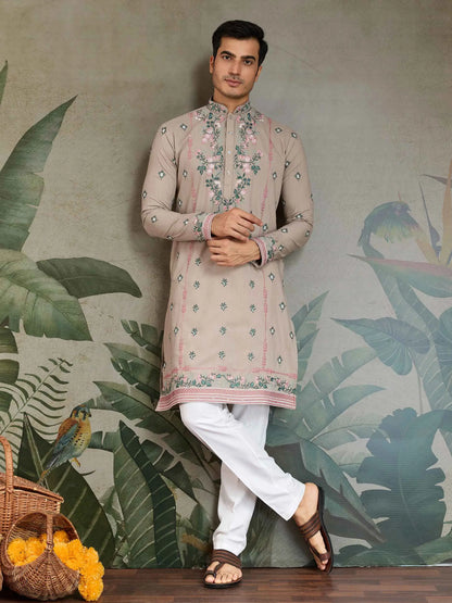 Ivory Viscose Silk Thread And Sequins Embroidery Work Kurta With Pant