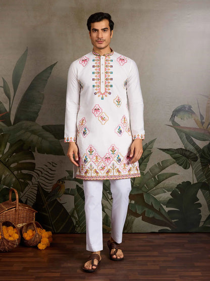Festive White Kurta Set with Multi-Thread Embroidery Work
