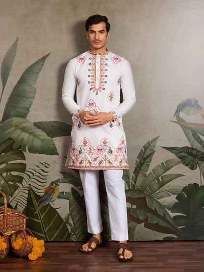 Festive White Kurta Set with Multi-Thread Embroidery Work