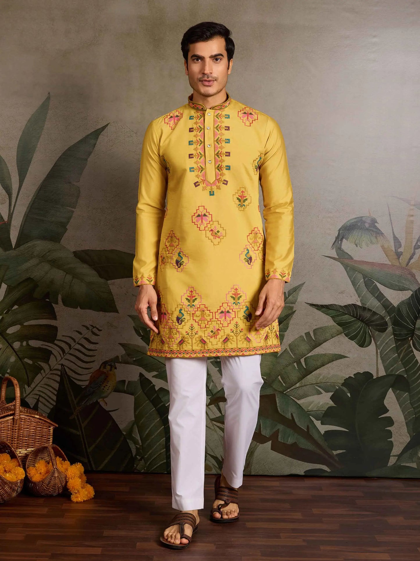 Festive Yellow Kurta Set with Multi-Thread Embroidery Work