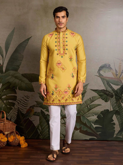 Festive Yellow Kurta Set with Multi-Thread Embroidery Work