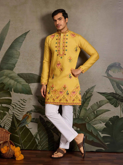 Festive Yellow Kurta Set with Multi-Thread Embroidery Work