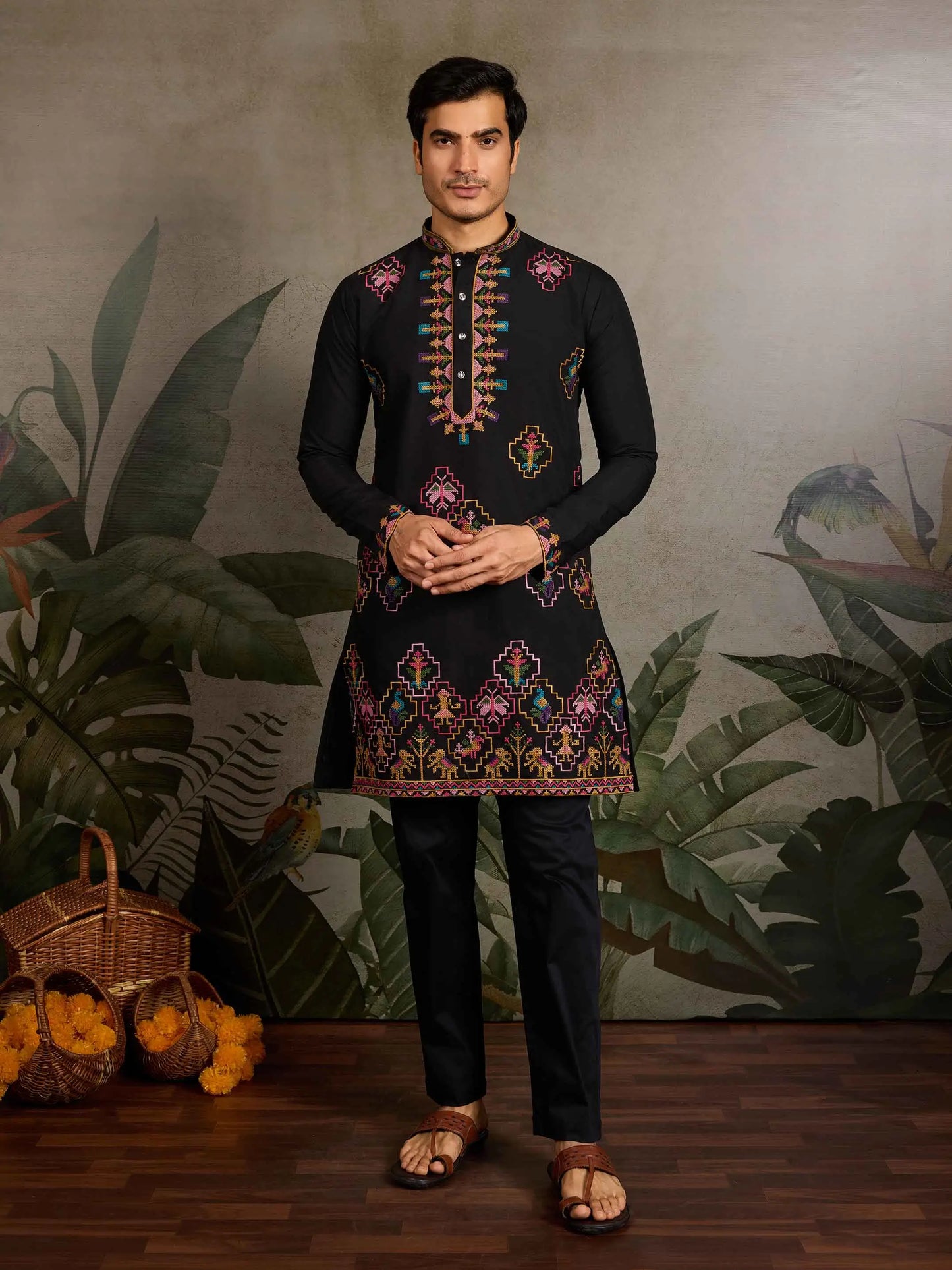Festive Black Kurta Set with Multi-Thread Embroidery Work