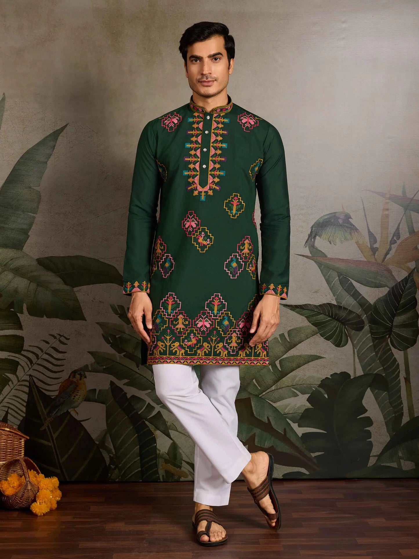 Festive Green Kurta Set with Multi-Thread Embroidery Work