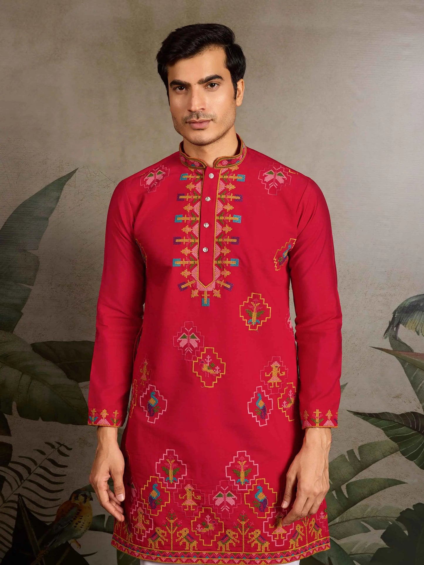 Festive Red Kurta Set with Multi-Thread Embroidery Work
