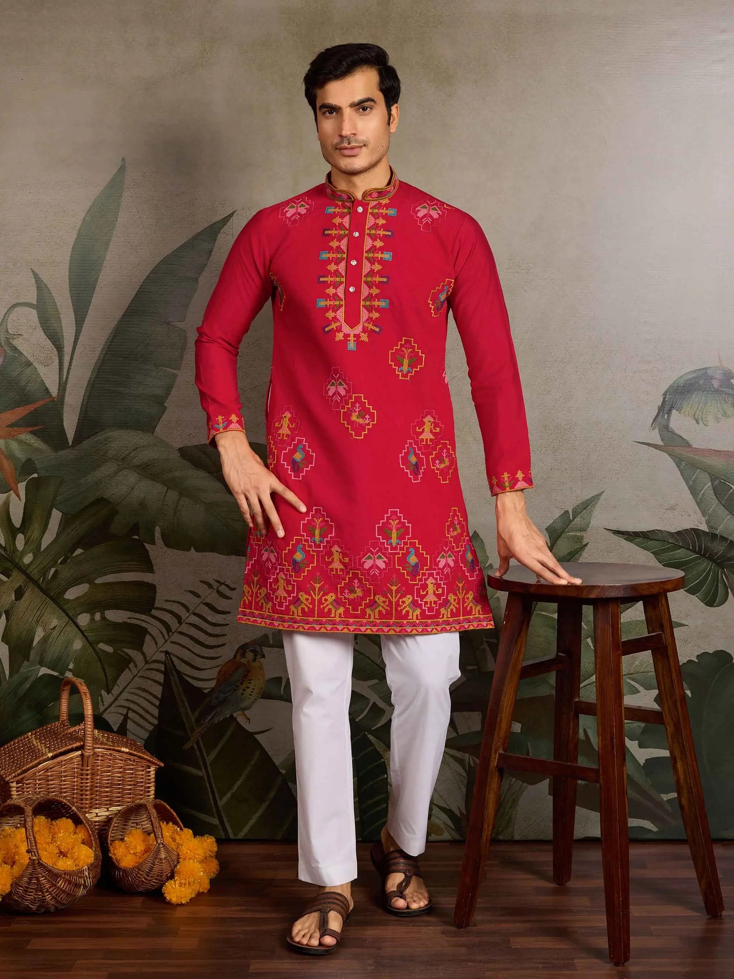 Festive Red Kurta Set with Multi-Thread Embroidery Work