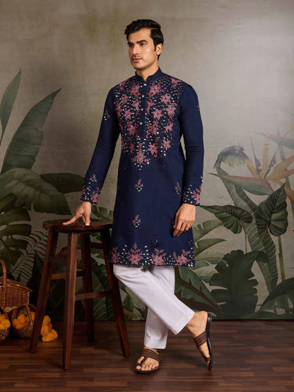 Elegant Navy Kurta Set With Mirror & Sequins Embroidery