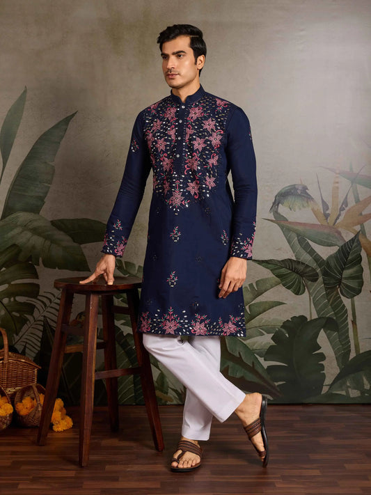 Elegant Navy Kurta Set With Mirror & Sequins Embroidery