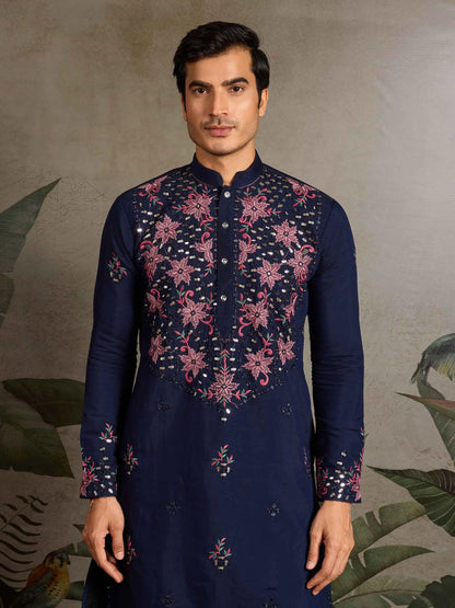Elegant Navy Kurta Set With Mirror & Sequins Embroidery