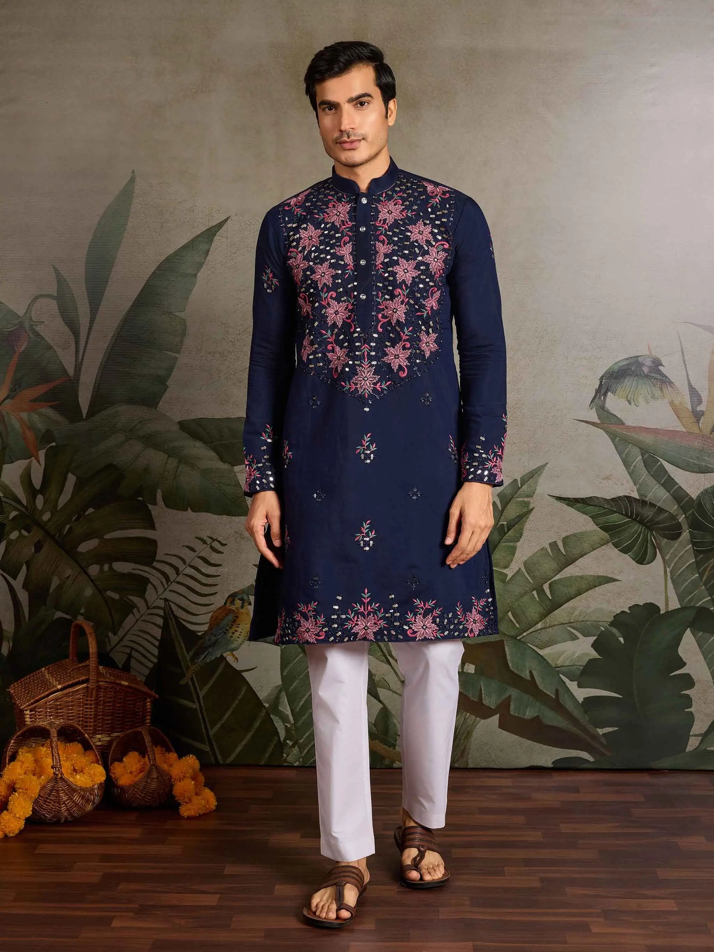Elegant Navy Kurta Set With Mirror & Sequins Embroidery