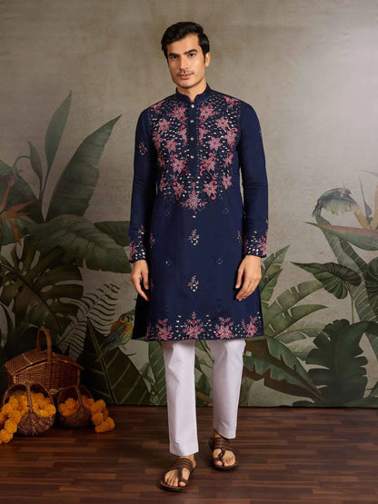 Elegant Navy Kurta Set With Mirror & Sequins Embroidery