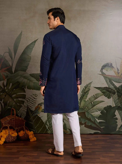 Elegant Navy Kurta Set With Mirror & Sequins Embroidery