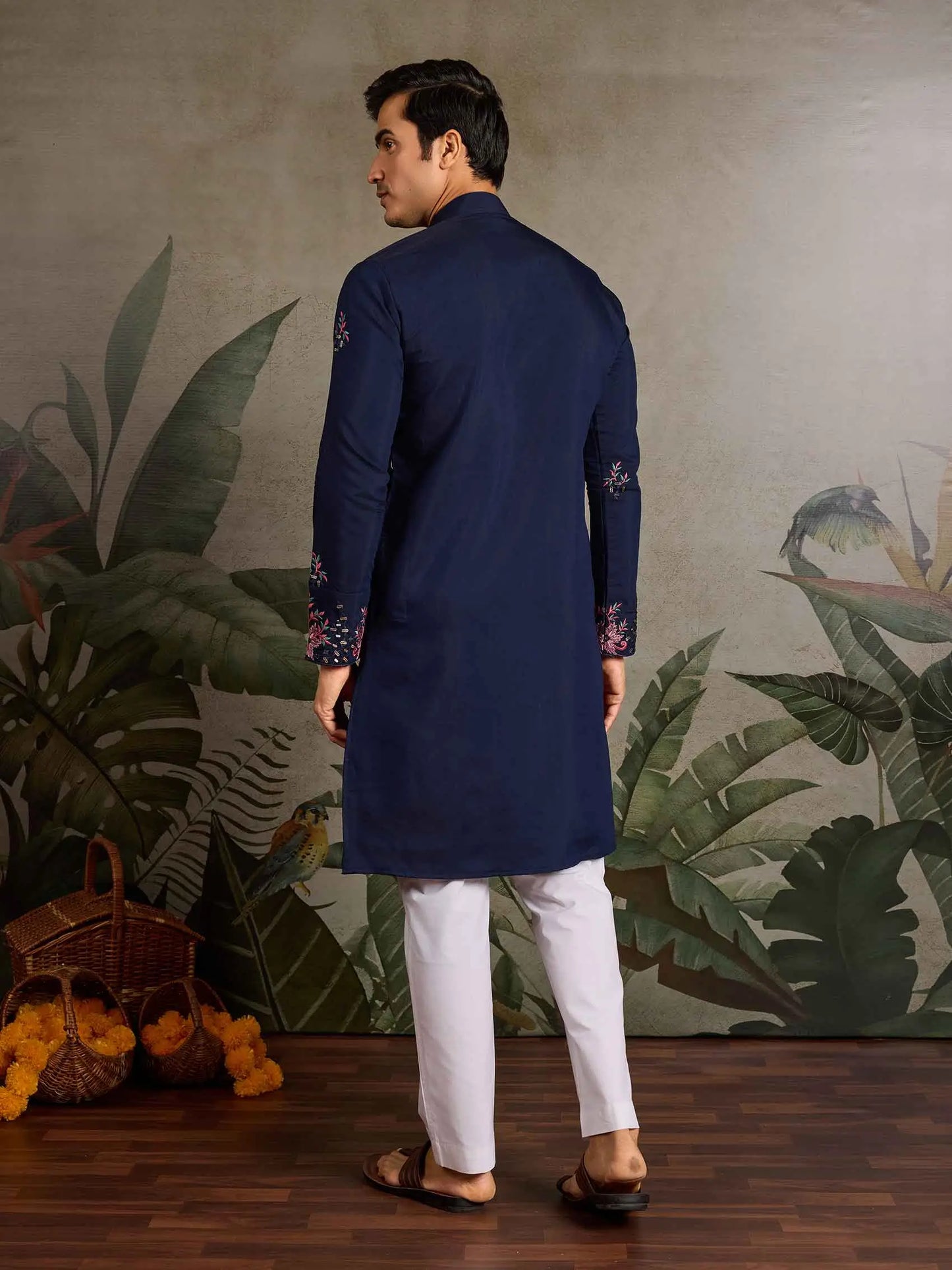 Elegant Navy Kurta Set With Mirror & Sequins Embroidery