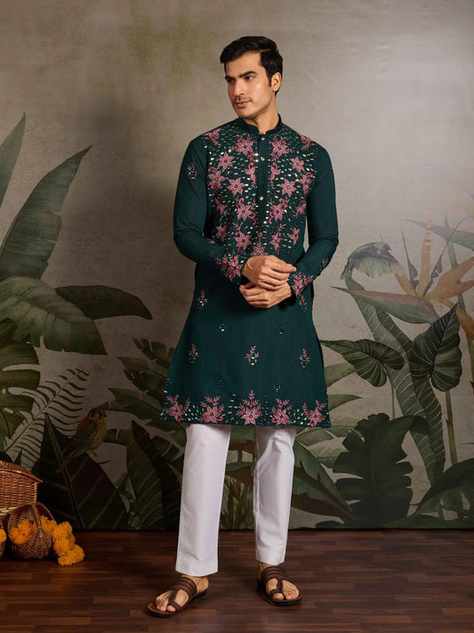 Elegant Green Kurta Set With Mirror & Sequins Embroidery