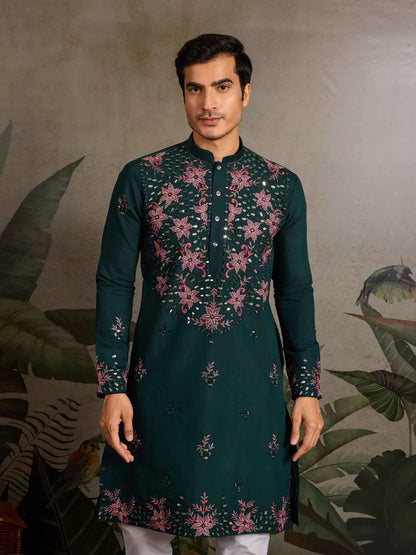 Elegant Green Kurta Set With Mirror & Sequins Embroidery