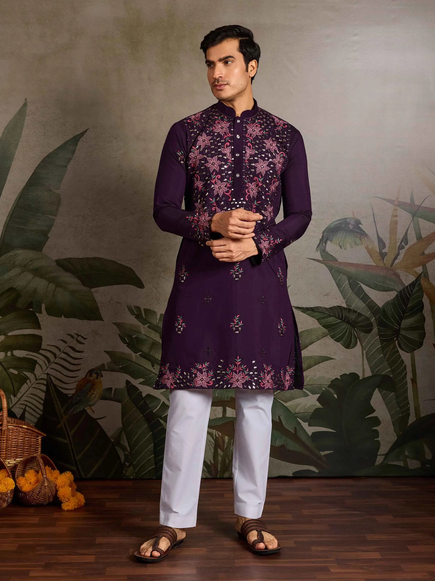 Elegant Purple Kurta Set With Mirror & Sequins Embroidery