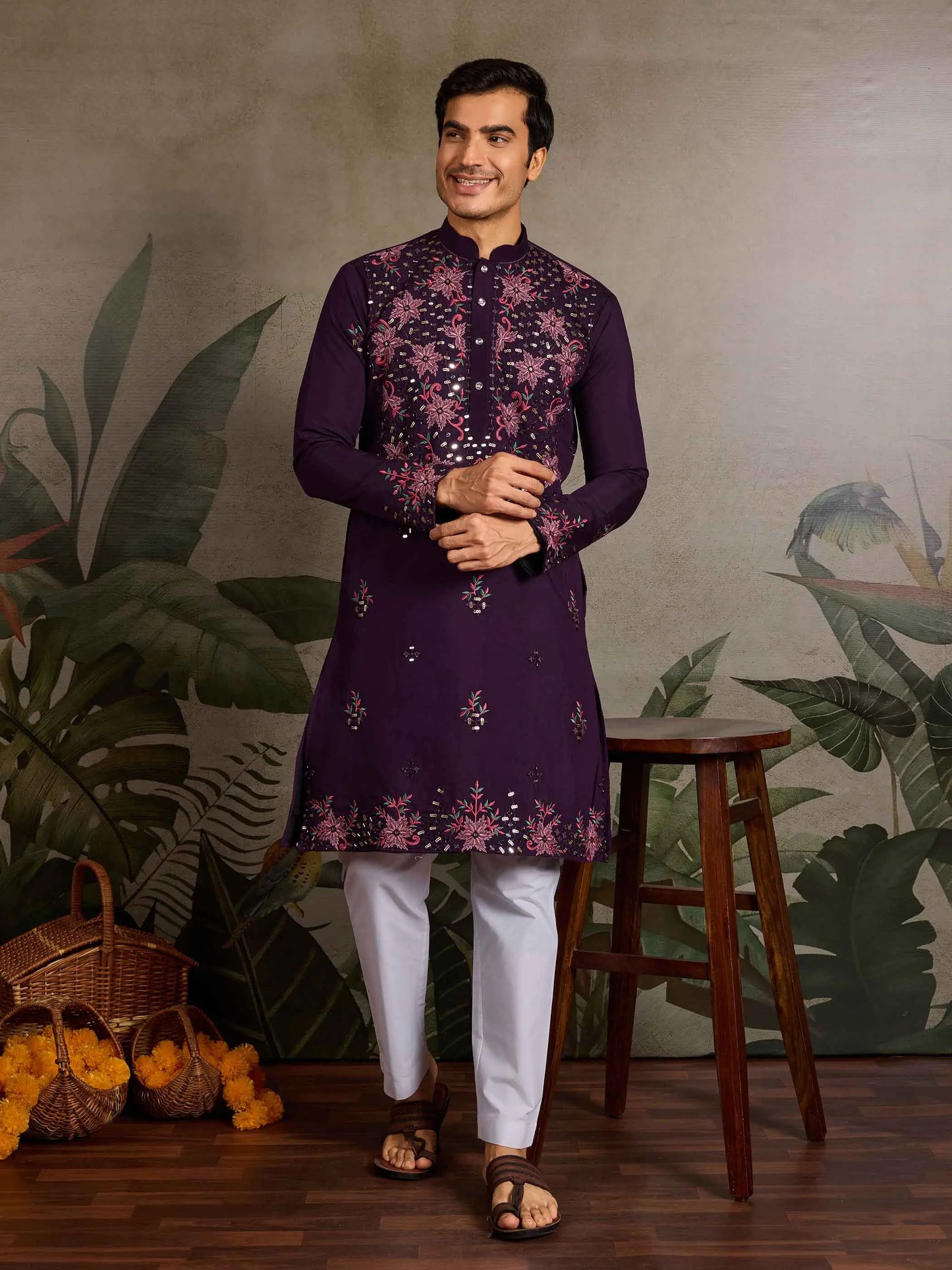 Elegant Purple Kurta Set With Mirror & Sequins Embroidery