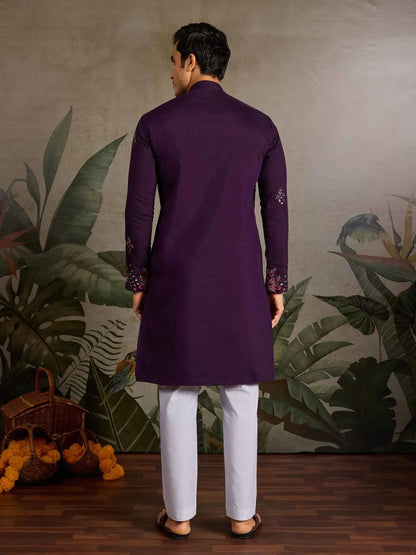 Elegant Purple Kurta Set With Mirror & Sequins Embroidery