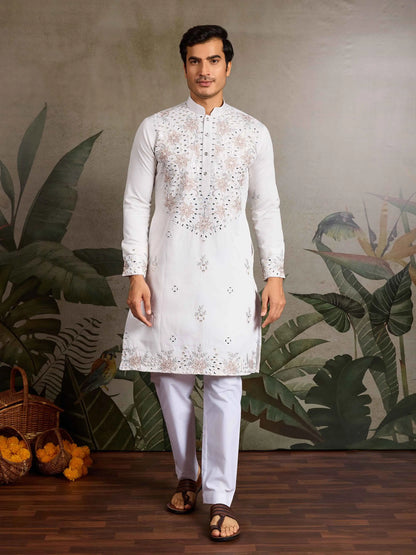 Elegant White Kurta Set With Mirror & Sequins Embroidery