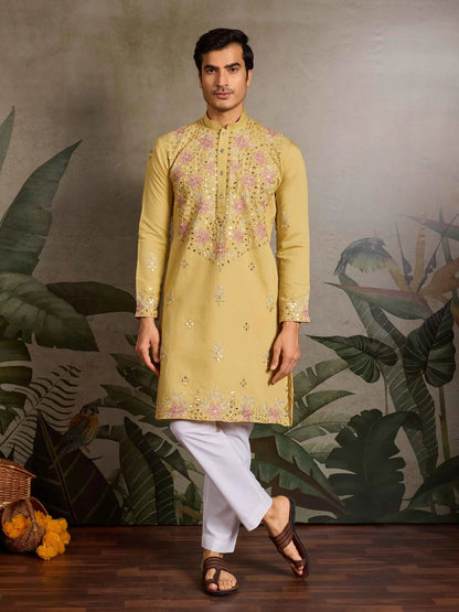 Elegant Yellow Kurta Set With Mirror & Sequins Embroidery