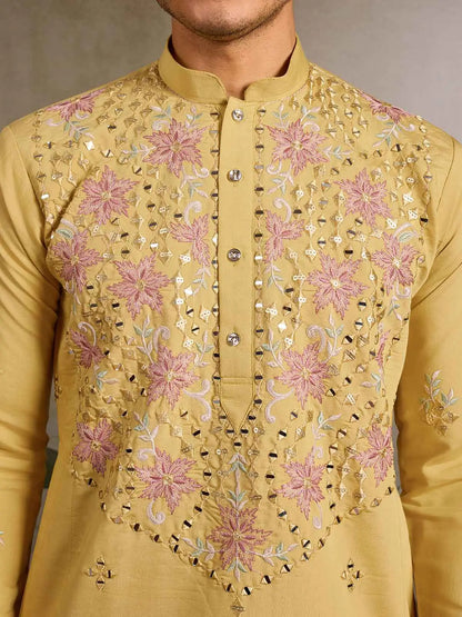 Elegant Yellow Kurta Set With Mirror & Sequins Embroidery