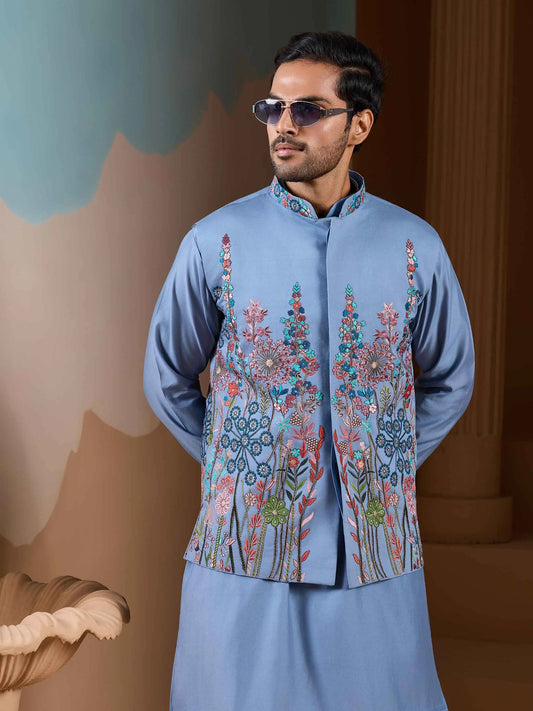 Sky Blue Kurta Set With Embroidery Sequins Jacket