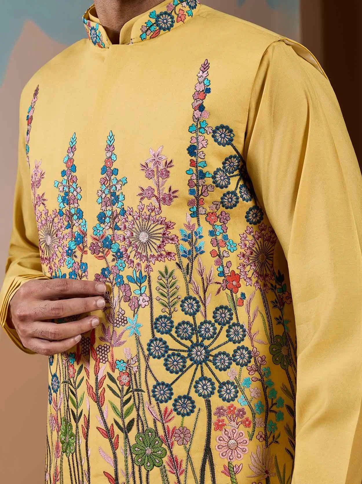 Yellow Kurta Set With Embroidery Sequins Jacket