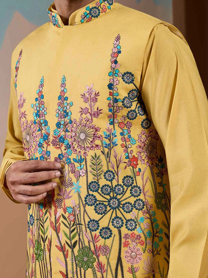 Yellow Kurta Set With Embroidery Sequins Jacket
