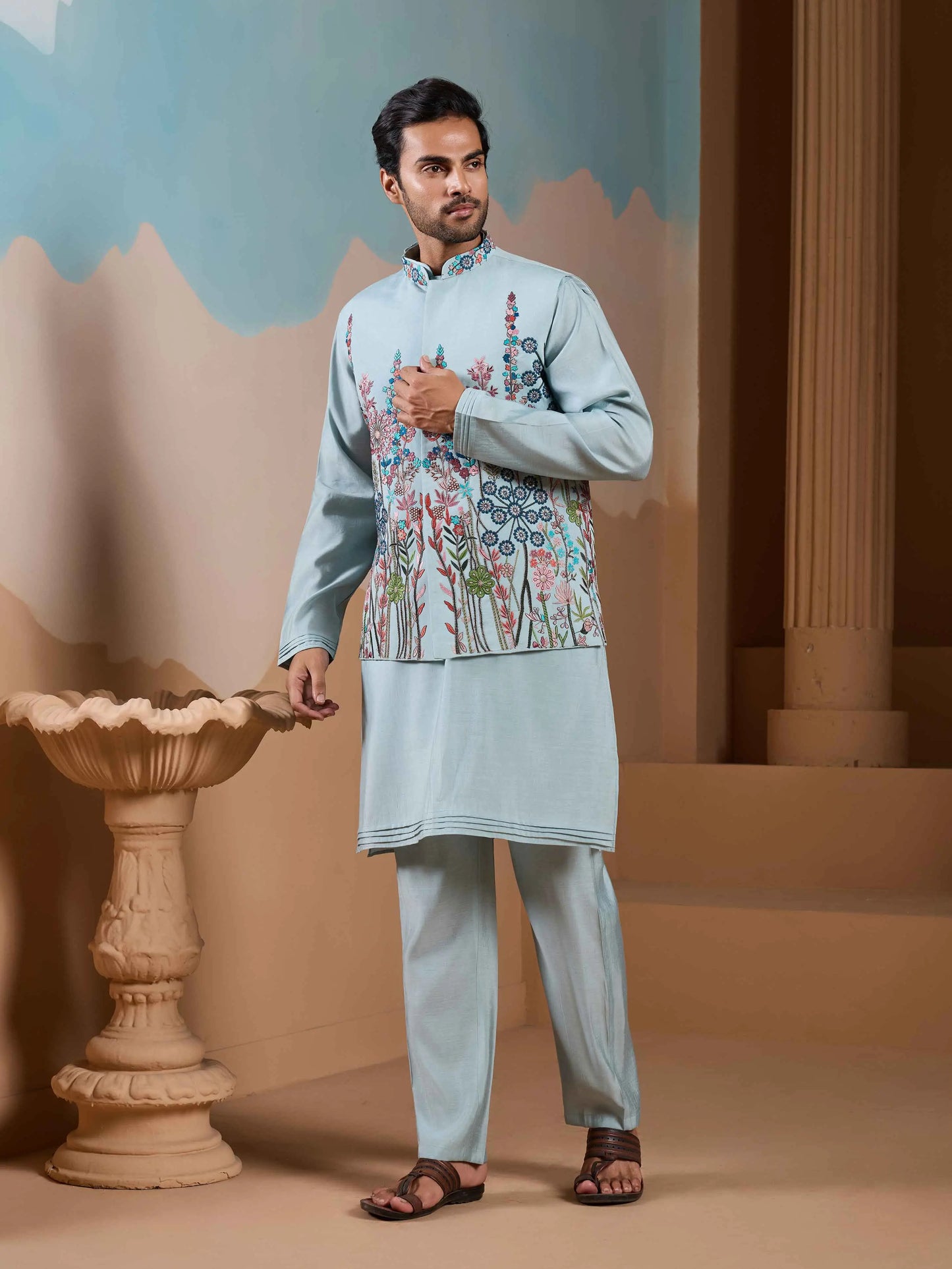 Light Pista Kurta Set With Embroidery Sequins Koti