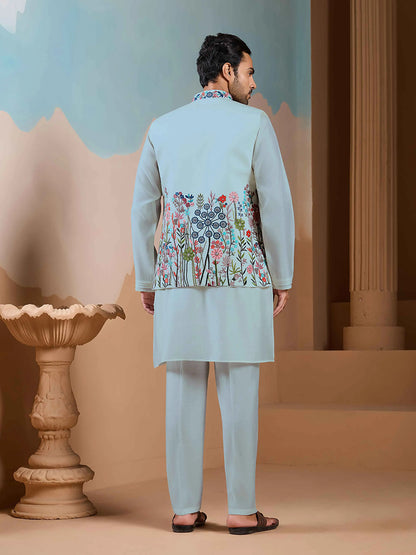 Light Pista Kurta Set With Embroidery Sequins Koti