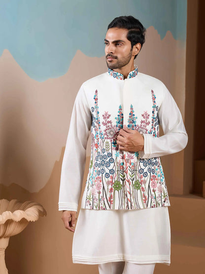 White Kurta Set With Embroidery Sequins Jacket
