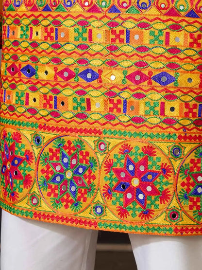 Yellow Multi Thread And Real Mirror Work Kurta Set For Navratri