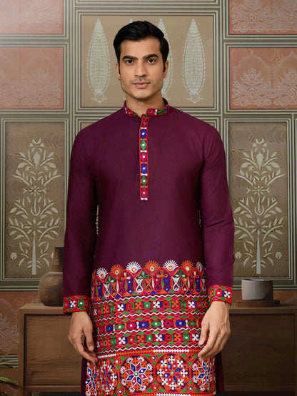 Wine Multi Thread And Real Mirror Work Kurta Set For Navratri