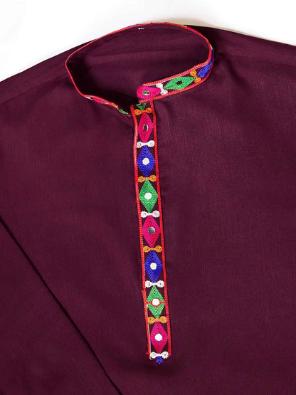 Wine Multi Thread And Real Mirror Work Kurta Set For Navratri