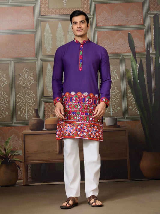 Purple Multi Thread And Real Mirror Work Kurta Set For Navratri
