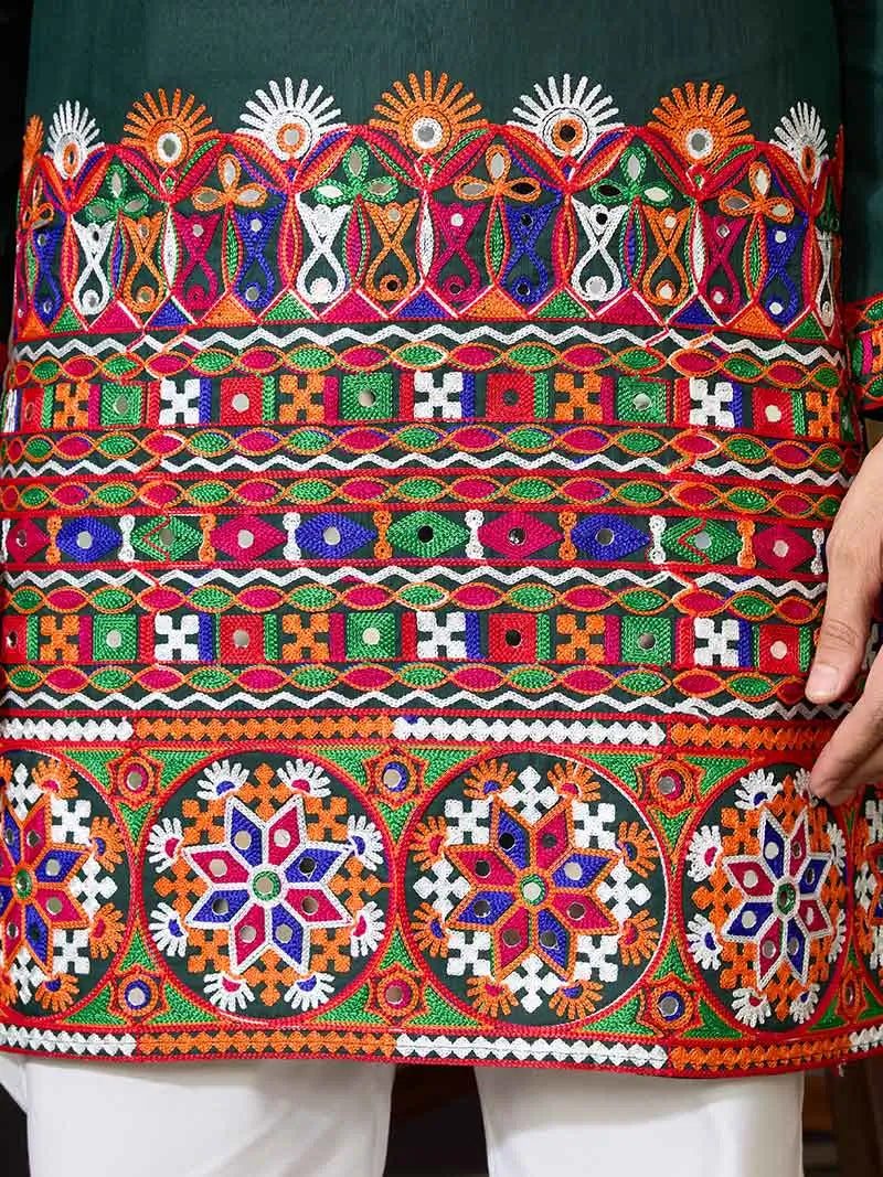 Green Multi Thread And Real Mirror Work Kurta Set For Navratri