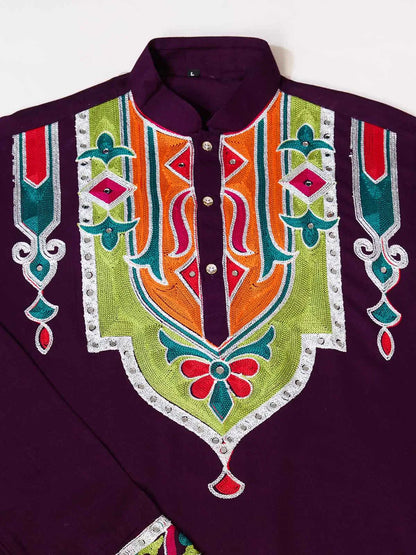 Purple Navratri Kurta Set Multi Thread And Real Mirror Work