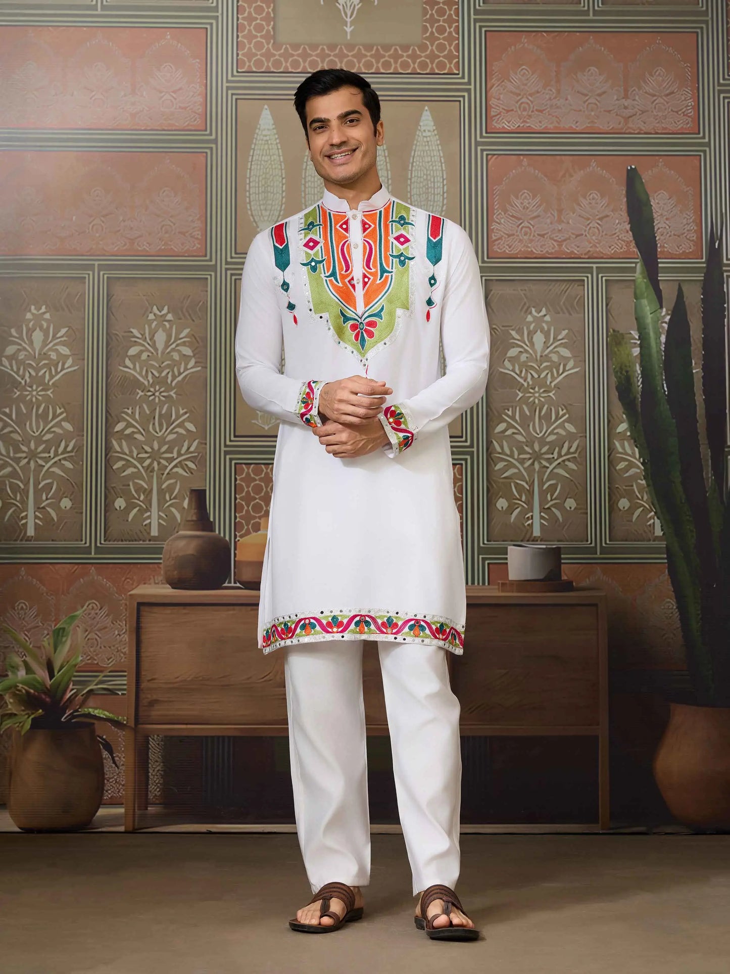 White Navratri Kurta Set Multi Thread And Real Mirror Work