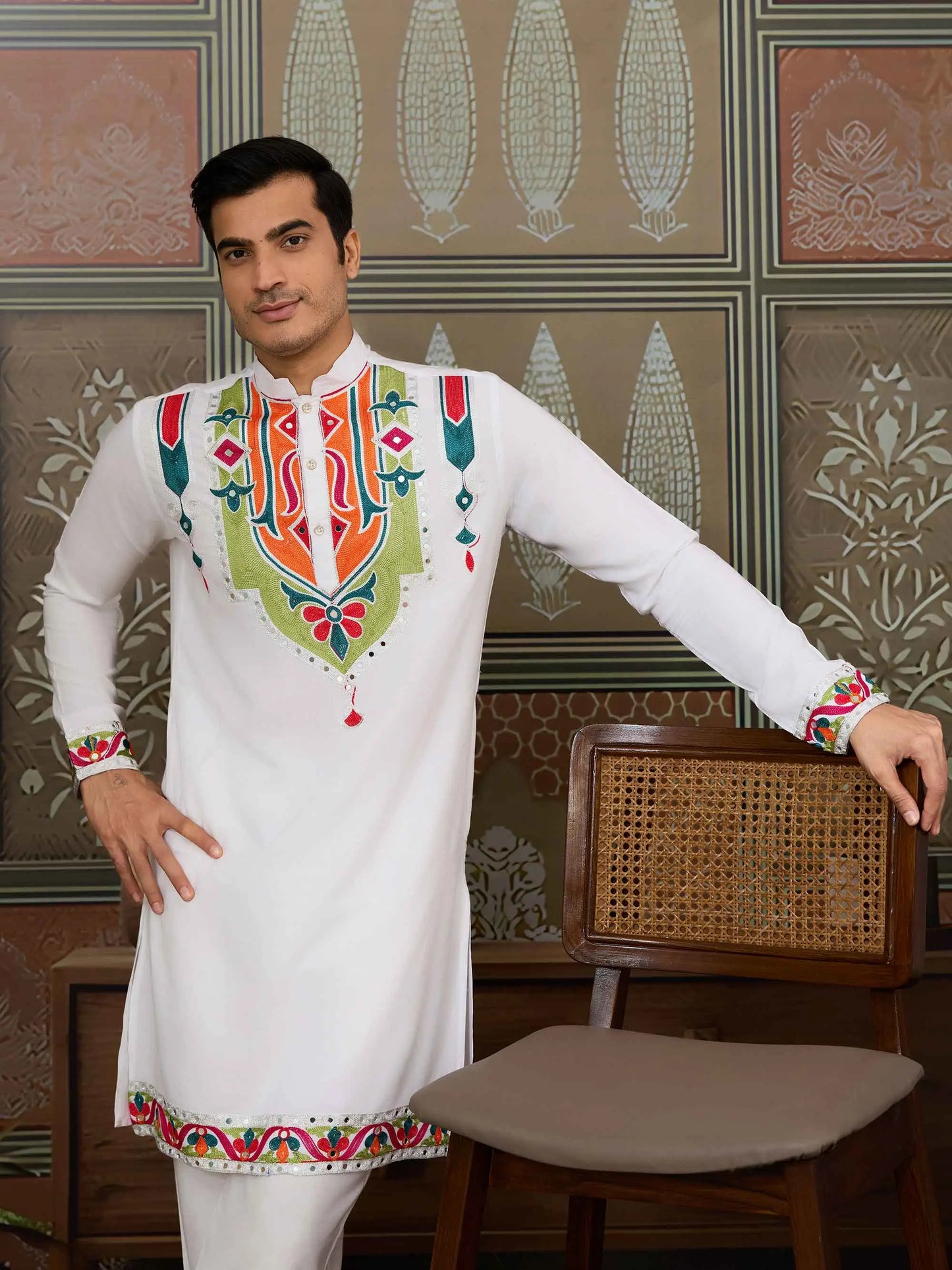 White Navratri Kurta Set Multi Thread And Real Mirror Work