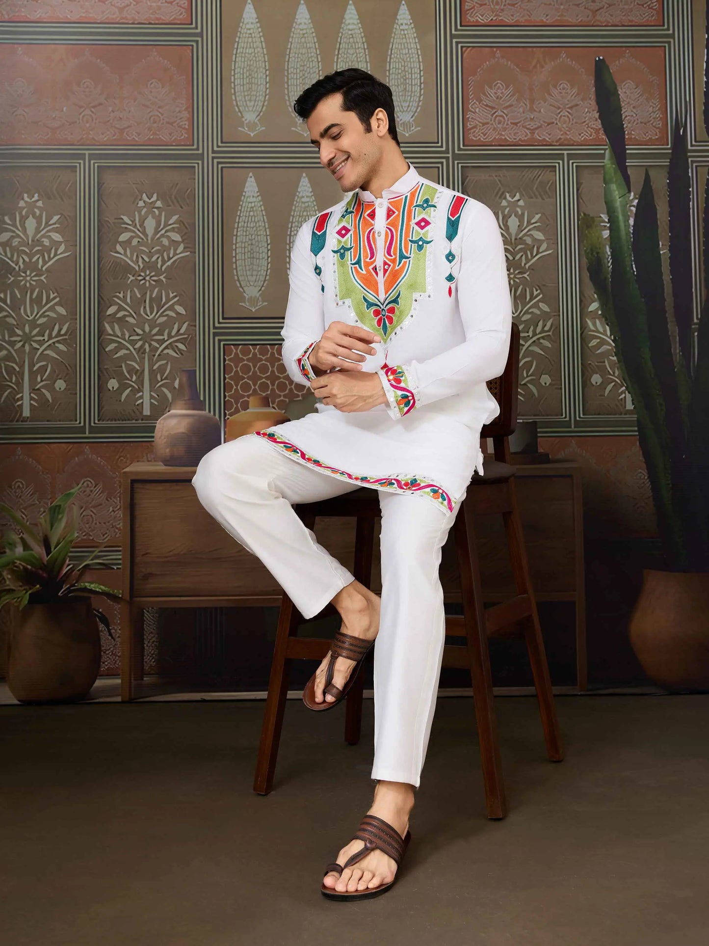 White Navratri Kurta Set Multi Thread And Real Mirror Work