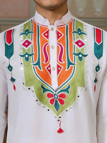 White Navratri Kurta Set Multi Thread And Real Mirror Work