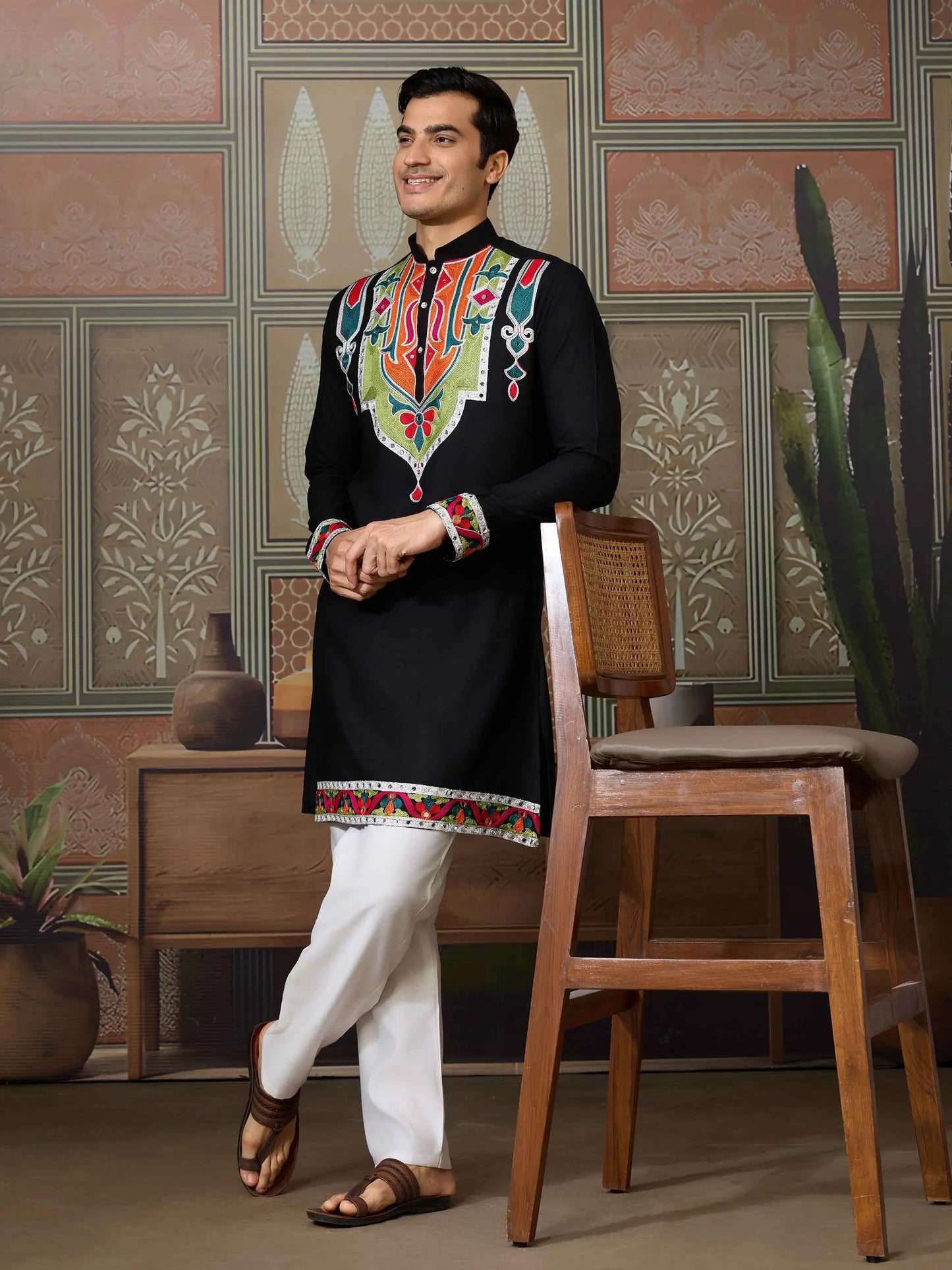 Black Navratri Kurta Set Multi Thread And Real Mirror Work